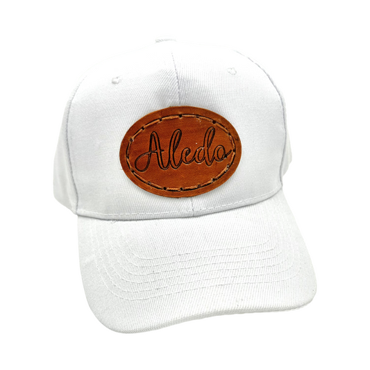 Aledo Script Leather Patch Hat- White Classic Hat