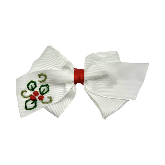 Hand Embroidered Holiday Hair Bow- Holly