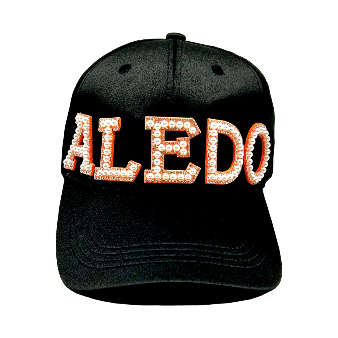 Orange Pearl and Rhinestone Letter Aledo Baseball Cap- Black Satin