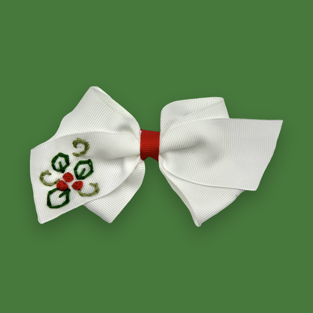 Hand Embroidered Holiday Hair Bow- Holly