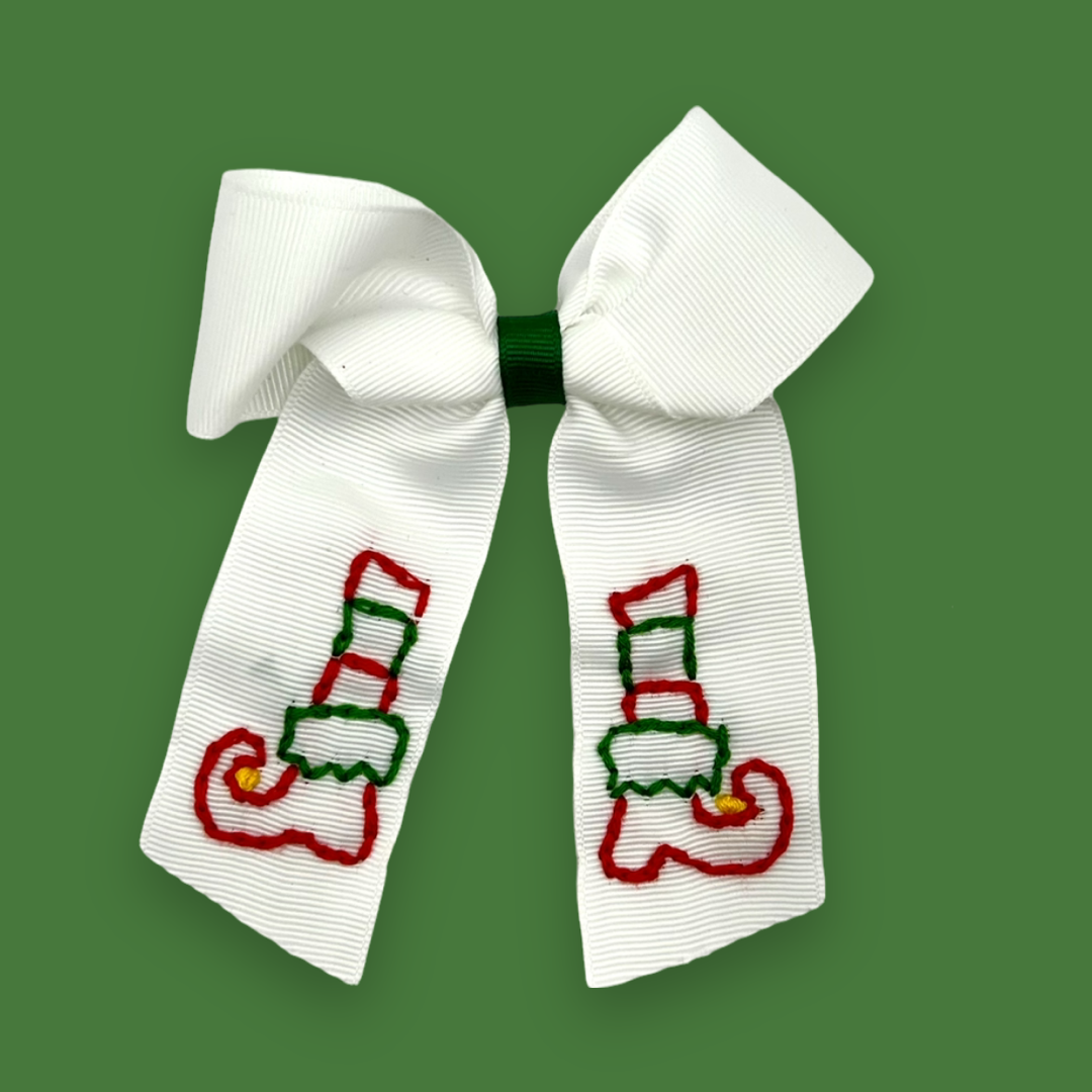 Hand Embroidered Holiday Hair Bow- Elf Shoes