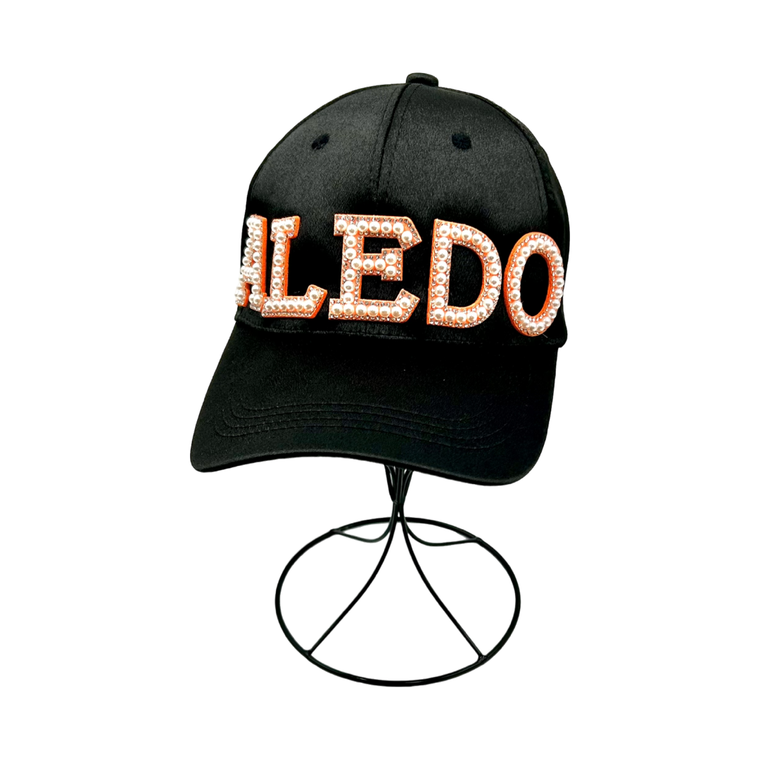 Orange Pearl and Rhinestone Letter Aledo Baseball Cap- Black Satin