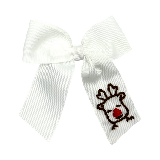 Hand Embroidered Holiday Hair Bow- Rudolph Head