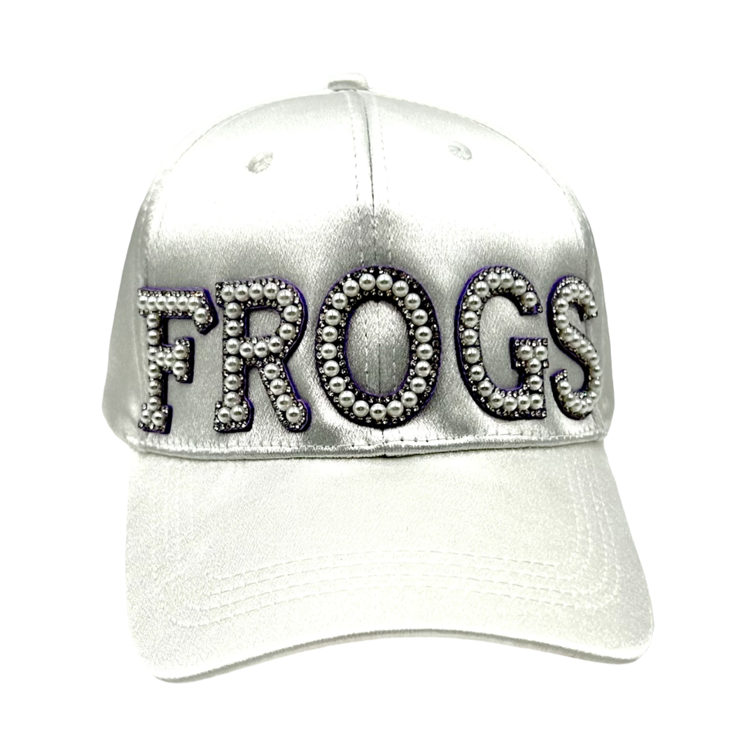 Pearl and Rhinestone Frogs Baseball Cap- White Satin