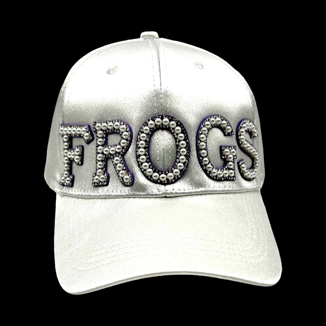 Pearl and Rhinestone Frogs Baseball Cap- White Satin