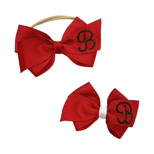 Hand Embroidered Holiday Hair Bow- Initial