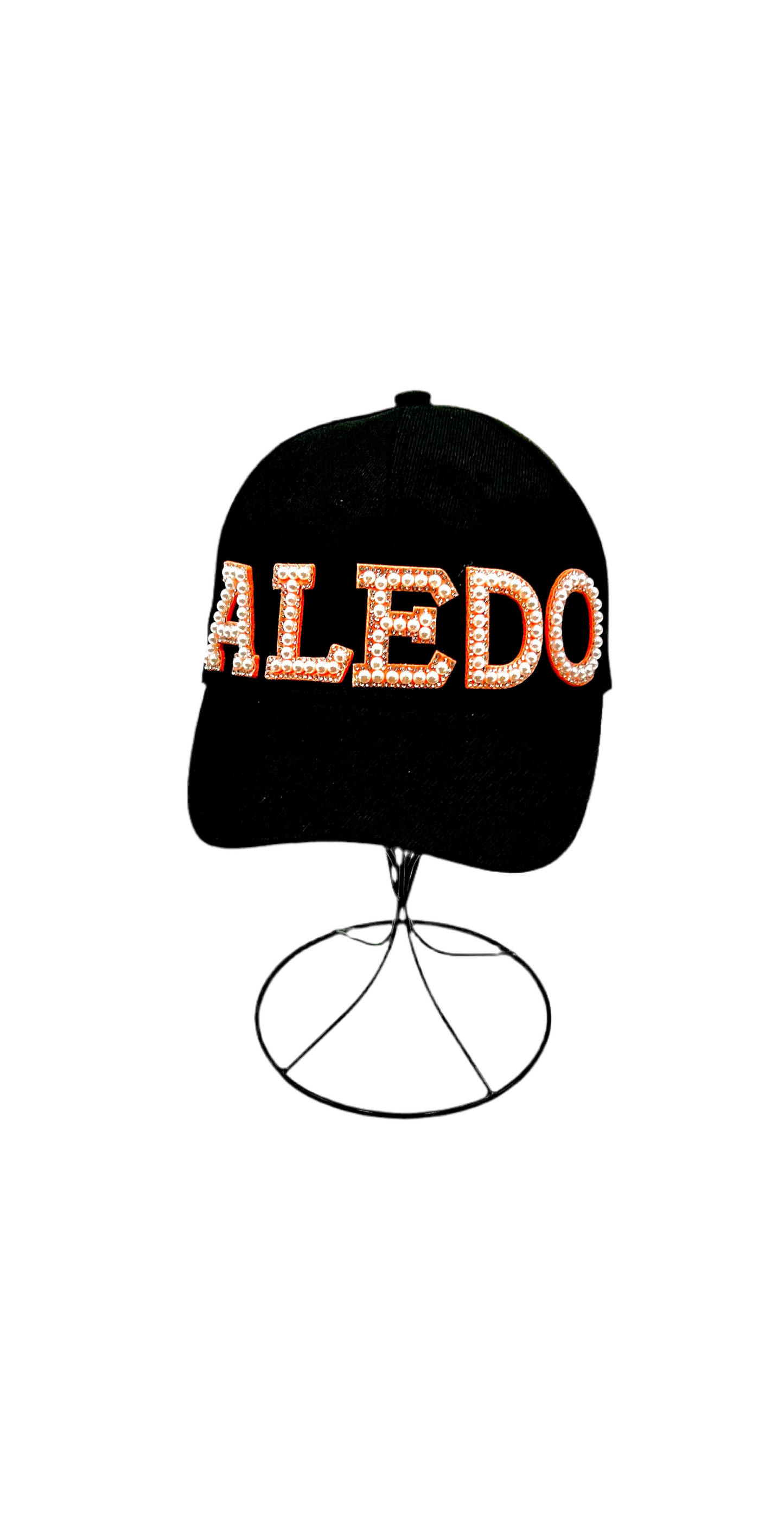 Orange Pearl and Rhinestone Letter Aledo Baseball Cap- Black