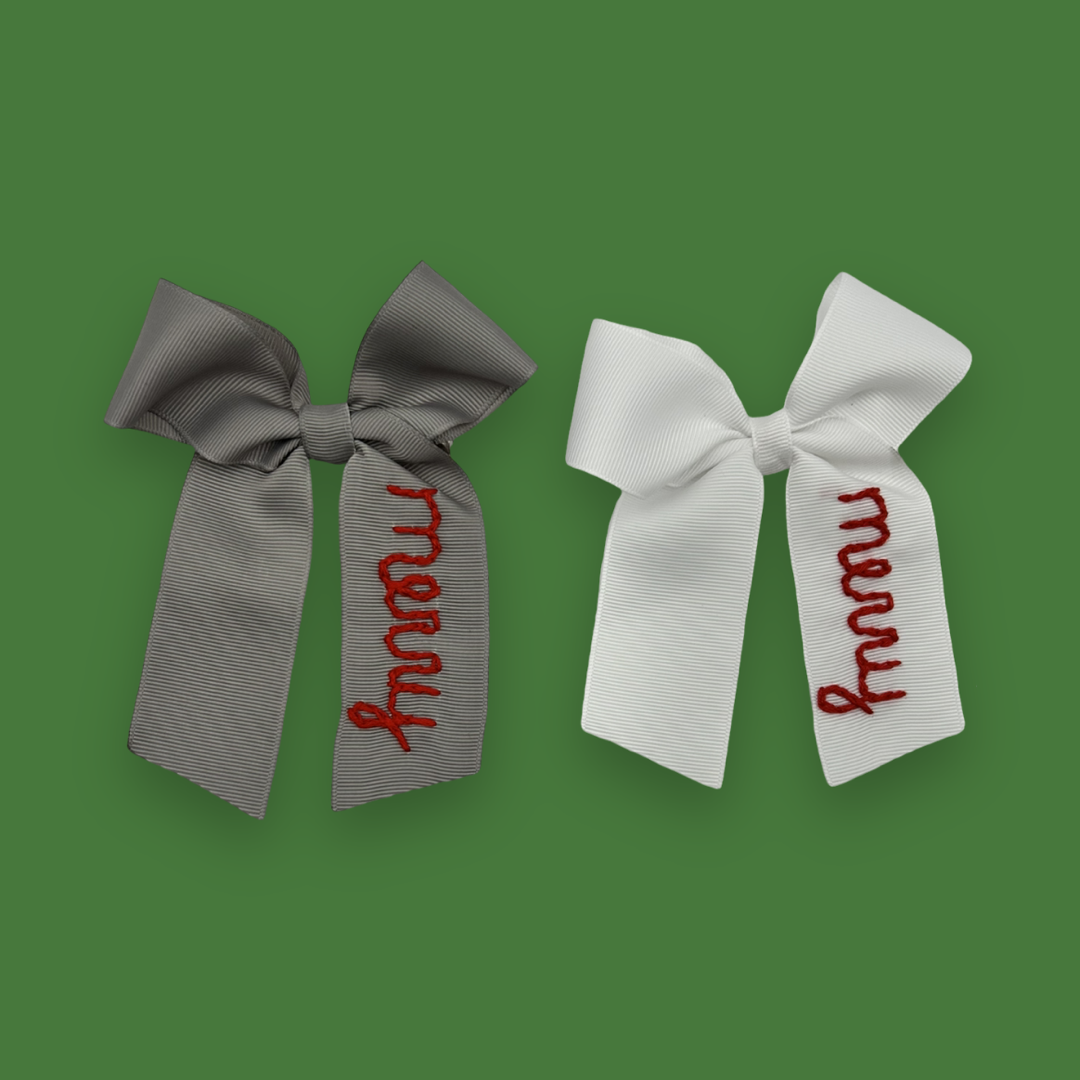 Hand Embroidered Holiday Hair Bow- Merry