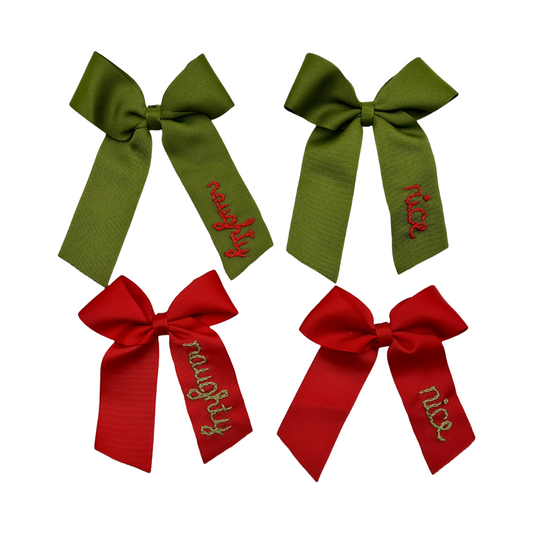 Hand Embroidered Holiday Hair Bow- Naughty/Nice