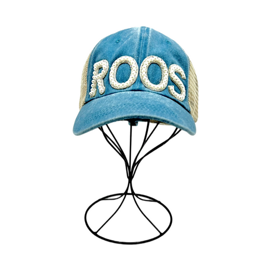 Pearl and Rhinestone Weatherford Roos Baseball Cap- Washed Blue Mesh Cap