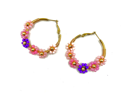 Purple Flower Beaded Hoop Earrings