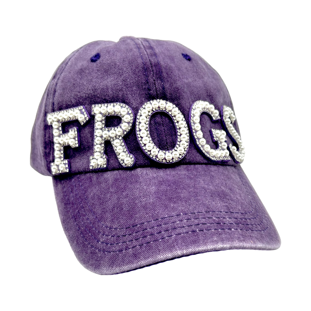 Pearl and Rhinestone Frogs Baseball Cap- Washed Purple Dad Cap