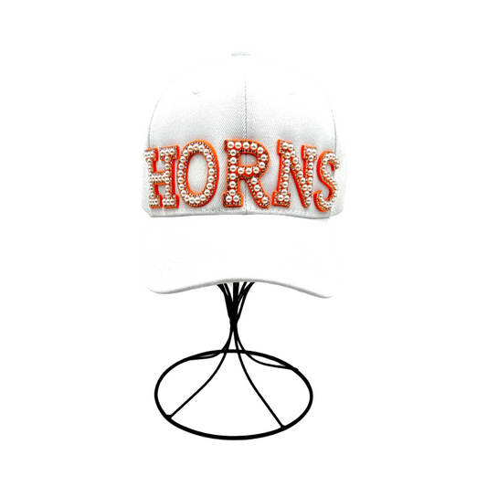 Orange Pearl and Rhinestone Letter Horns Baseball Cap- White Classic Cap