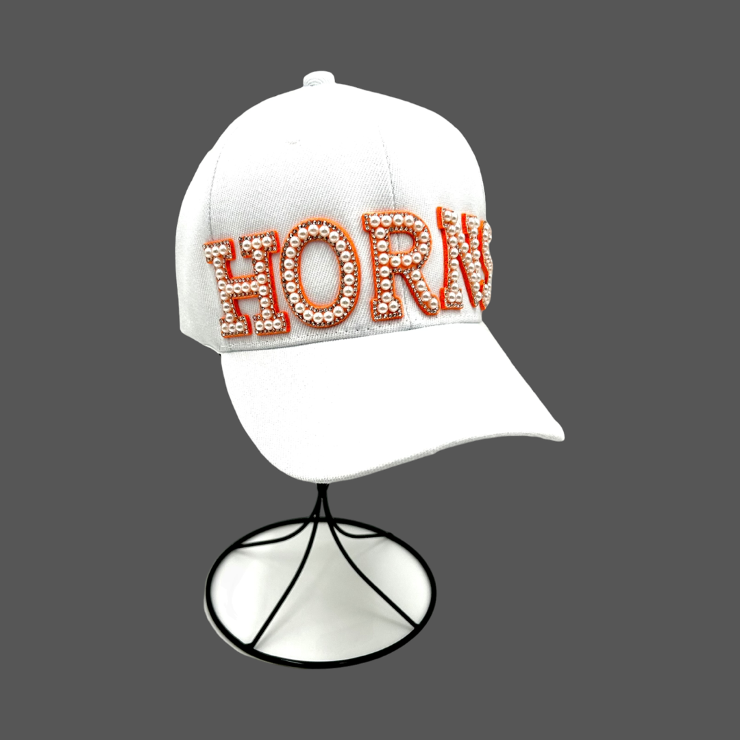 Orange Pearl and Rhinestone Letter Horns Baseball Cap- White Classic Cap