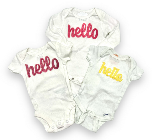 Custom Hand Embroidered Onesie- Hello