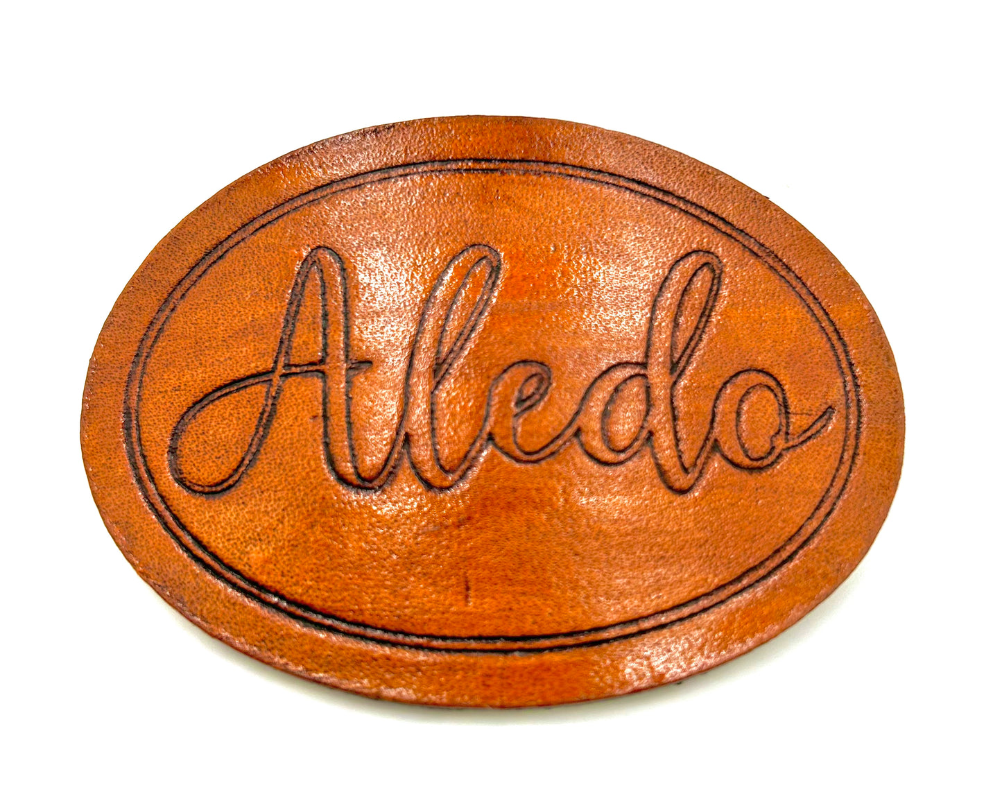 Engraved Leather Hair Clip- Aledo Script