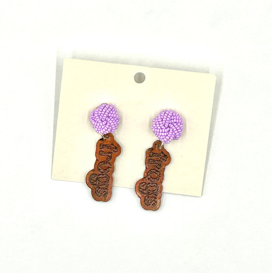 Engraved Leather Earrings- Lavender Frogs